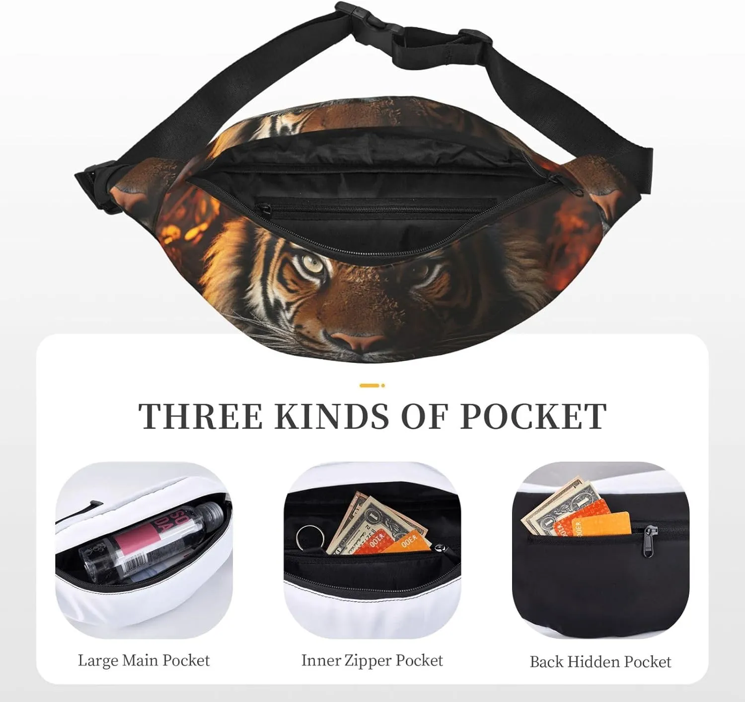 Bumbag Fanny Pack for Women Men Waist Pack Fashion Bum Bag Tiger Pattern Waist Bag for Sport Hiking Travel, Tiger Images, One Size