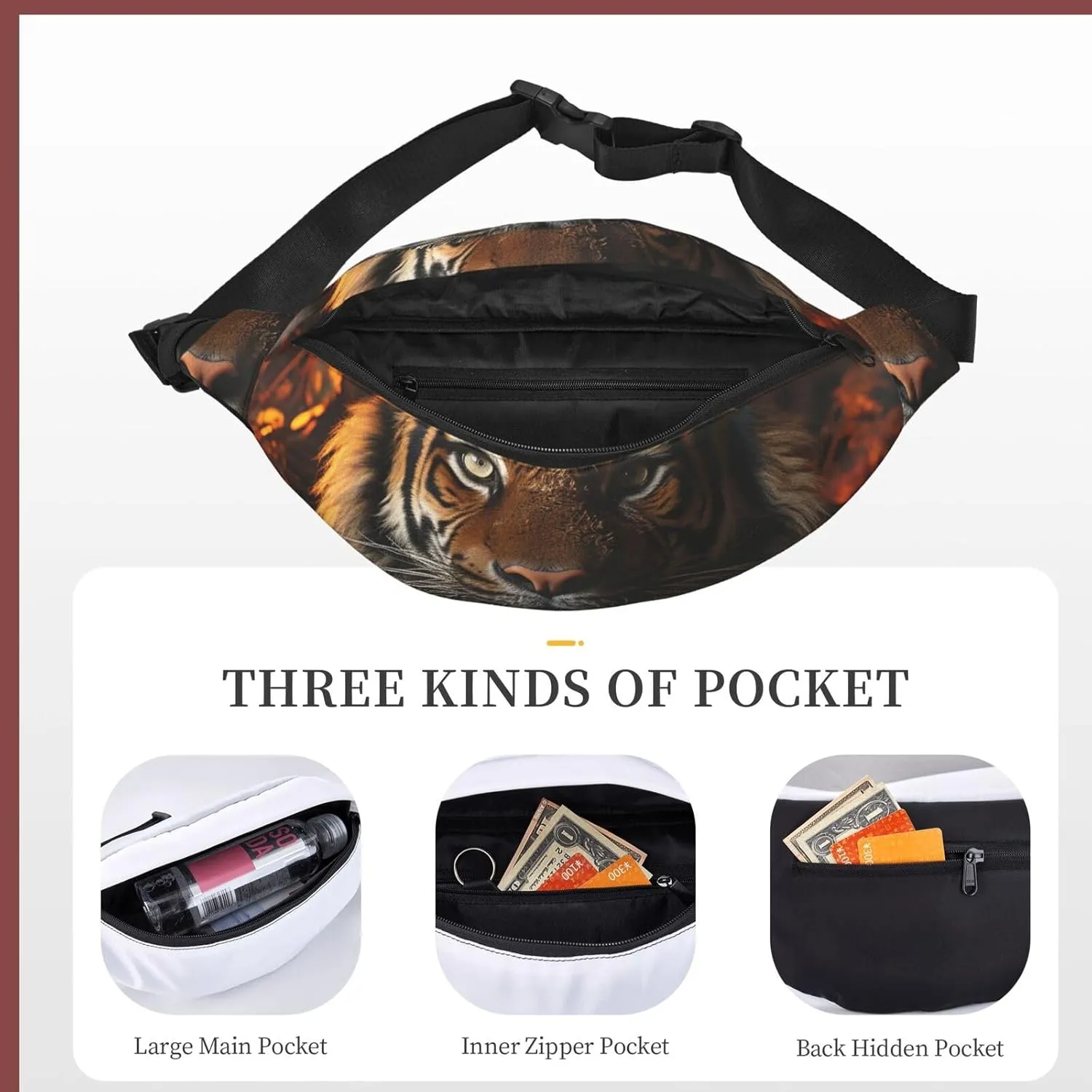 Bumbag Fanny Pack for Women Men Waist Pack Fashion Bum Bag Tiger Pattern Waist Bag for Sport Hiking Travel, Tiger Images, One Size