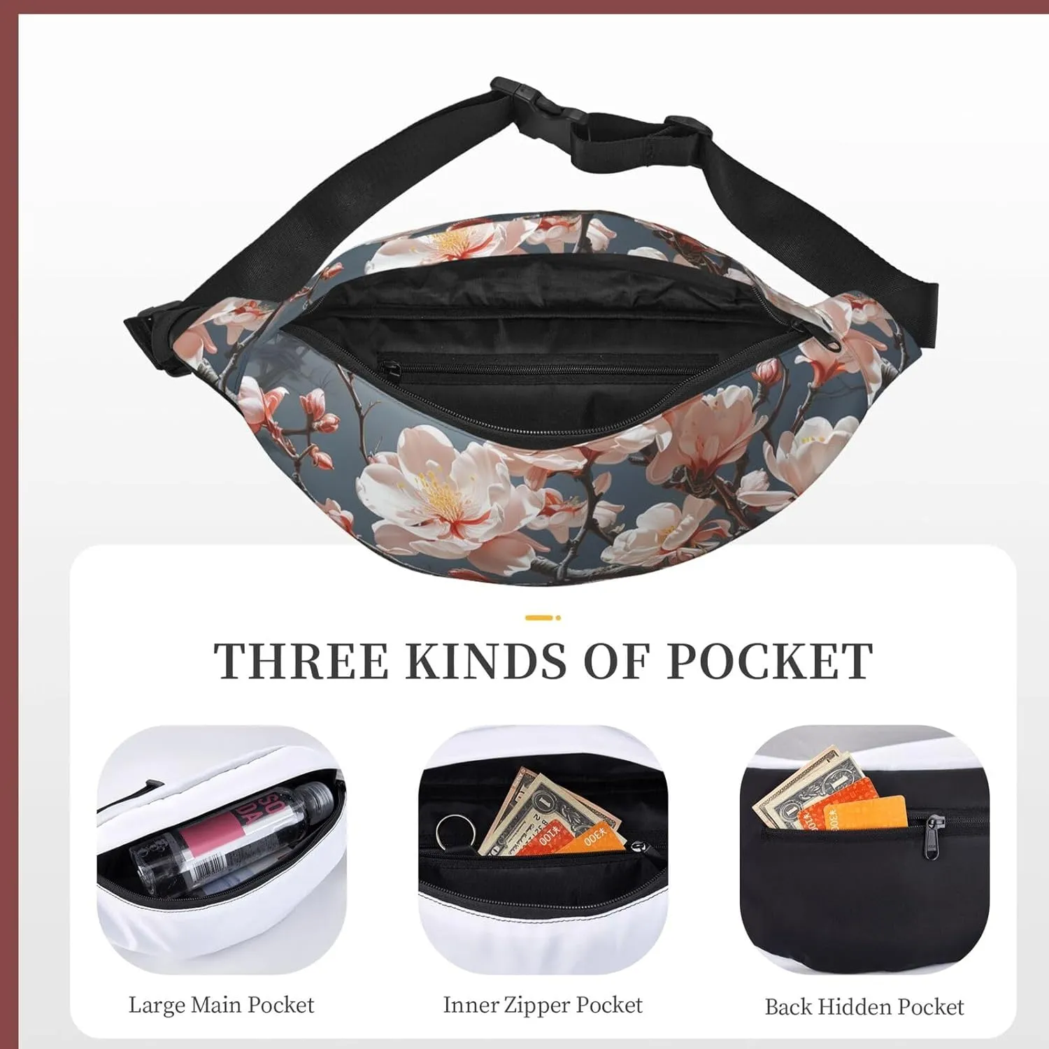 Bumbag Fanny Pack for Women Men Waist Pack Fashion Bum Bag Two Rabbits in Garland Waist Bag for Sport Hiking Travel, Flowers on the Branches, One Size