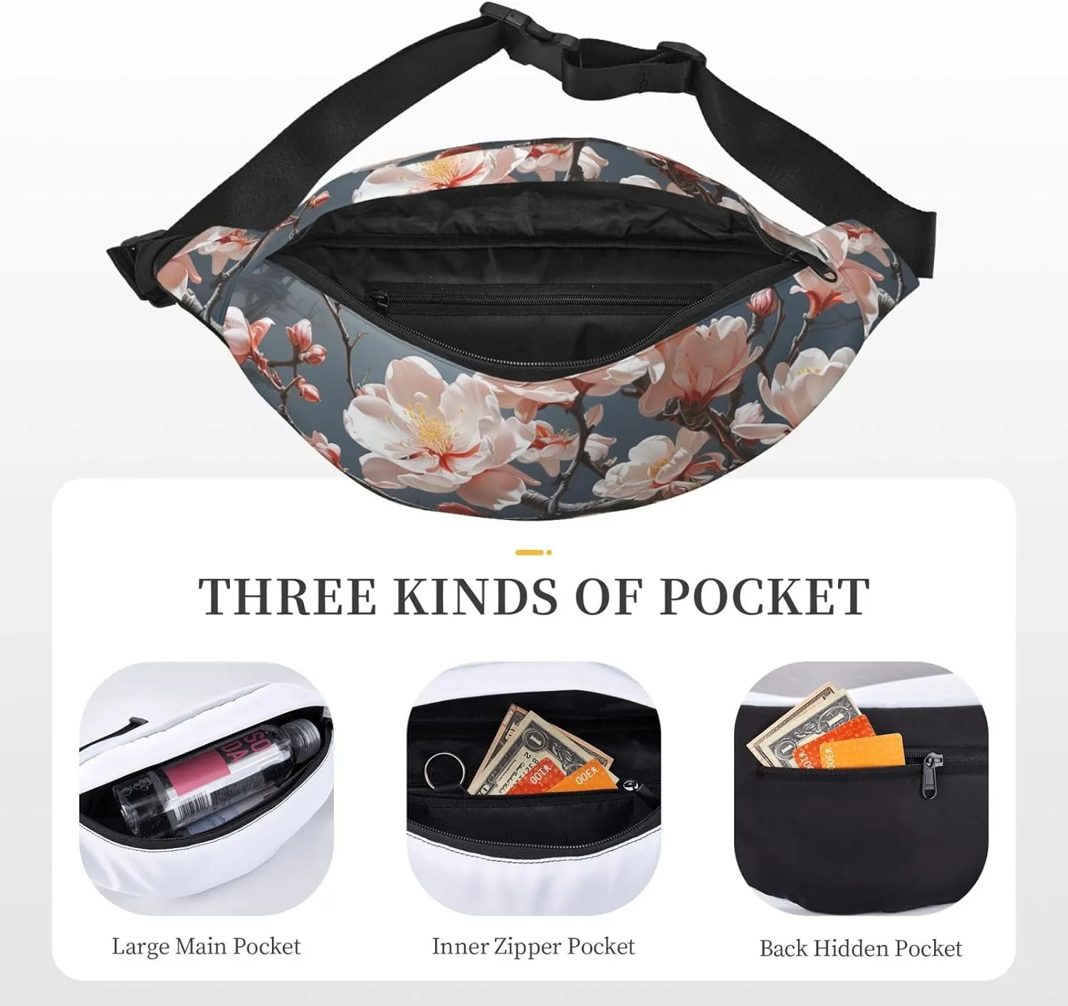 Bumbag Fanny Pack for Women Men Waist Pack Fashion Bum Bag Two Rabbits in Garland Waist Bag for Sport Hiking Travel, Flowers on the Branches, One Size