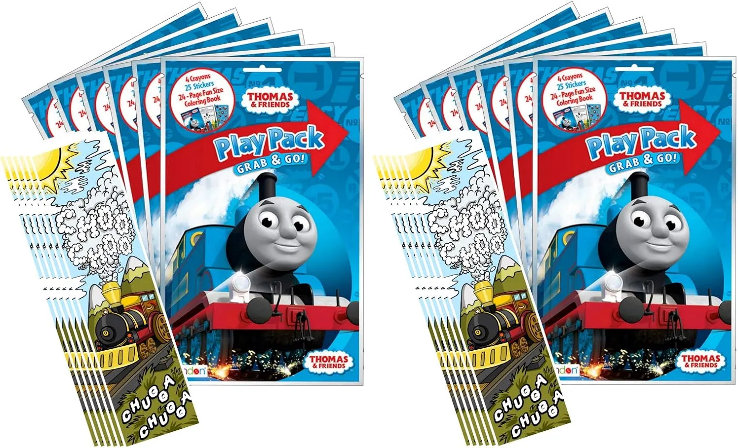 Bundle of 12 Thomas the Tank Engine Grab & Go Play Packs and 12 KaleidoQuest 'Chugga Chugga Choo Choo' Train-Themed Colorable Bookmarks