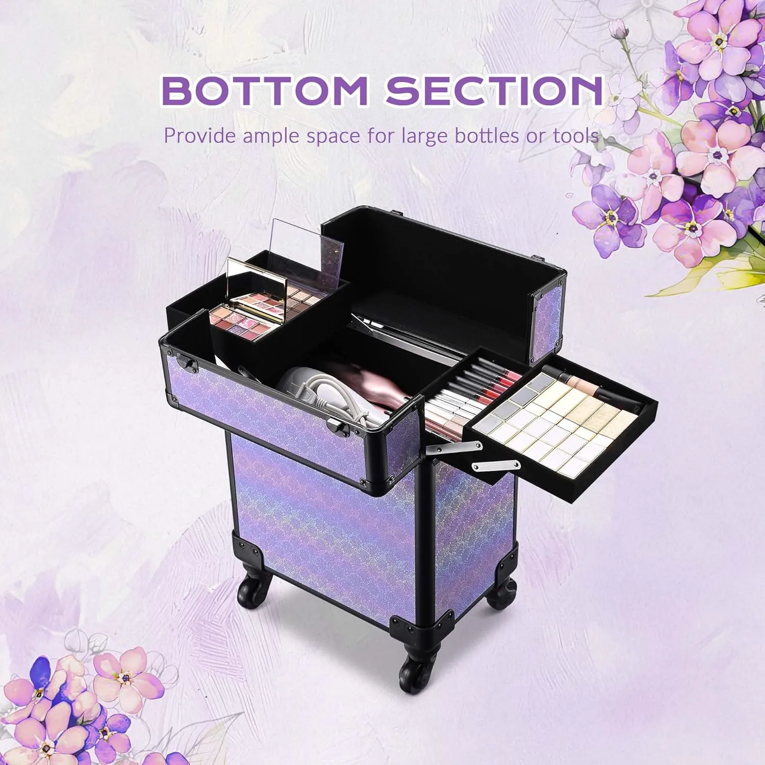 BYOOTIQUE Rolling Makeup Train Case on Wheels Cosmetology Organizer Box Professional Aluminum Cosmetic Trolley Travel Suitcase for Salon Barber Hairstylist Artist,Charm ForgetMeNot
