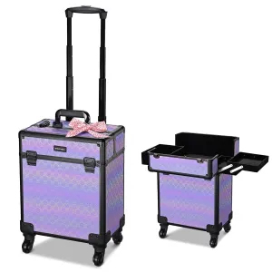 BYOOTIQUE Rolling Makeup Train Case on Wheels Cosmetology Organizer Box Professional Aluminum Cosmetic Trolley Travel Suitcase for Salon Barber Hairstylist Artist,Charm ForgetMeNot