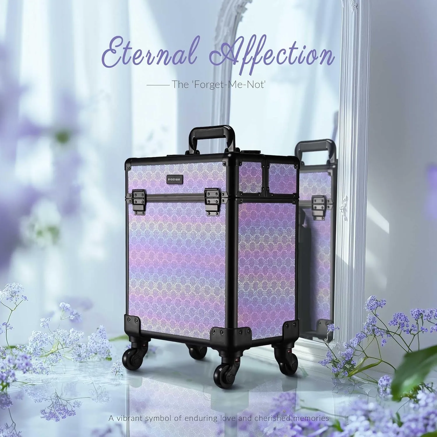 BYOOTIQUE Rolling Makeup Train Case on Wheels Cosmetology Organizer Box Professional Aluminum Cosmetic Trolley Travel Suitcase for Salon Barber Hairstylist Artist,Charm ForgetMeNot