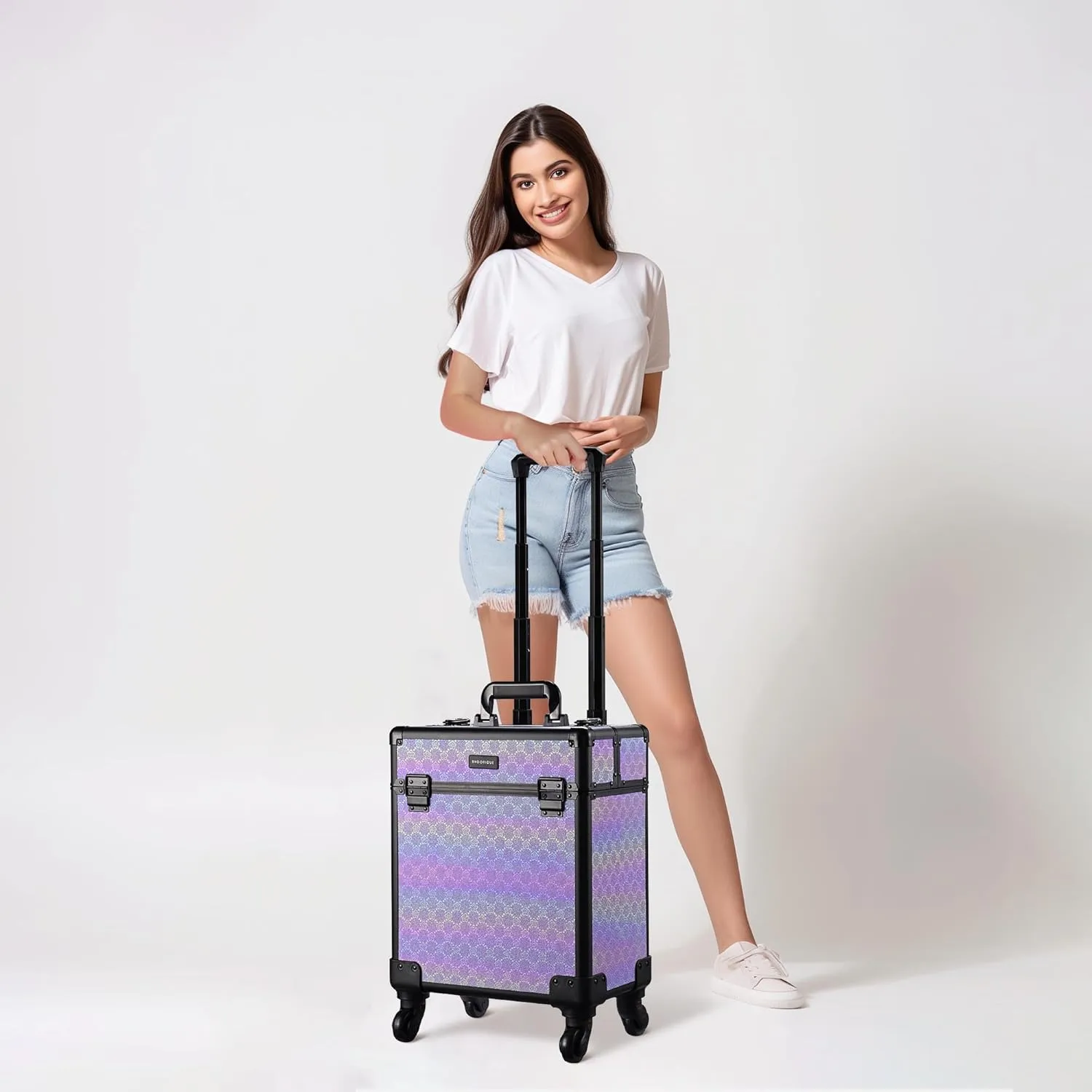 BYOOTIQUE Rolling Makeup Train Case on Wheels Cosmetology Organizer Box Professional Aluminum Cosmetic Trolley Travel Suitcase for Salon Barber Hairstylist Artist,Charm ForgetMeNot