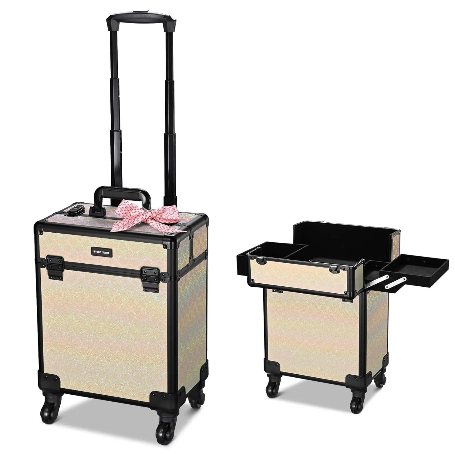 BYOOTIQUE Rolling Makeup Train Case on Wheels Cosmetology Organizer Box Professional Aluminum Cosmetic Trolley Travel Suitcase for Salon Barber Hairstylist Artist,Grace ForgetMeNot