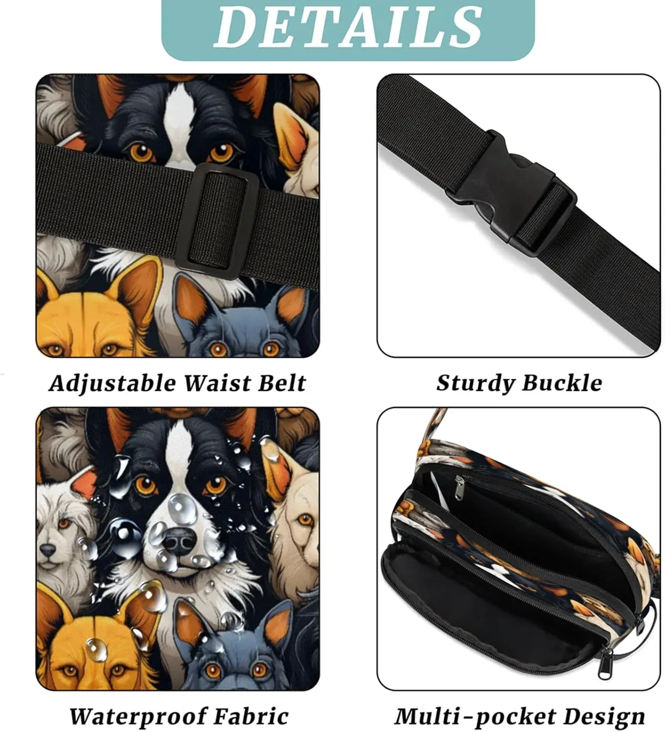 Canine Collage Waterproof Unisex Square Fanny Pack, Adjustable Waist Bag with Pockets, Sturdy Lightweight Crossbody Bag for Travel, Running, Hiking (9x6.1x2.5 Inches)