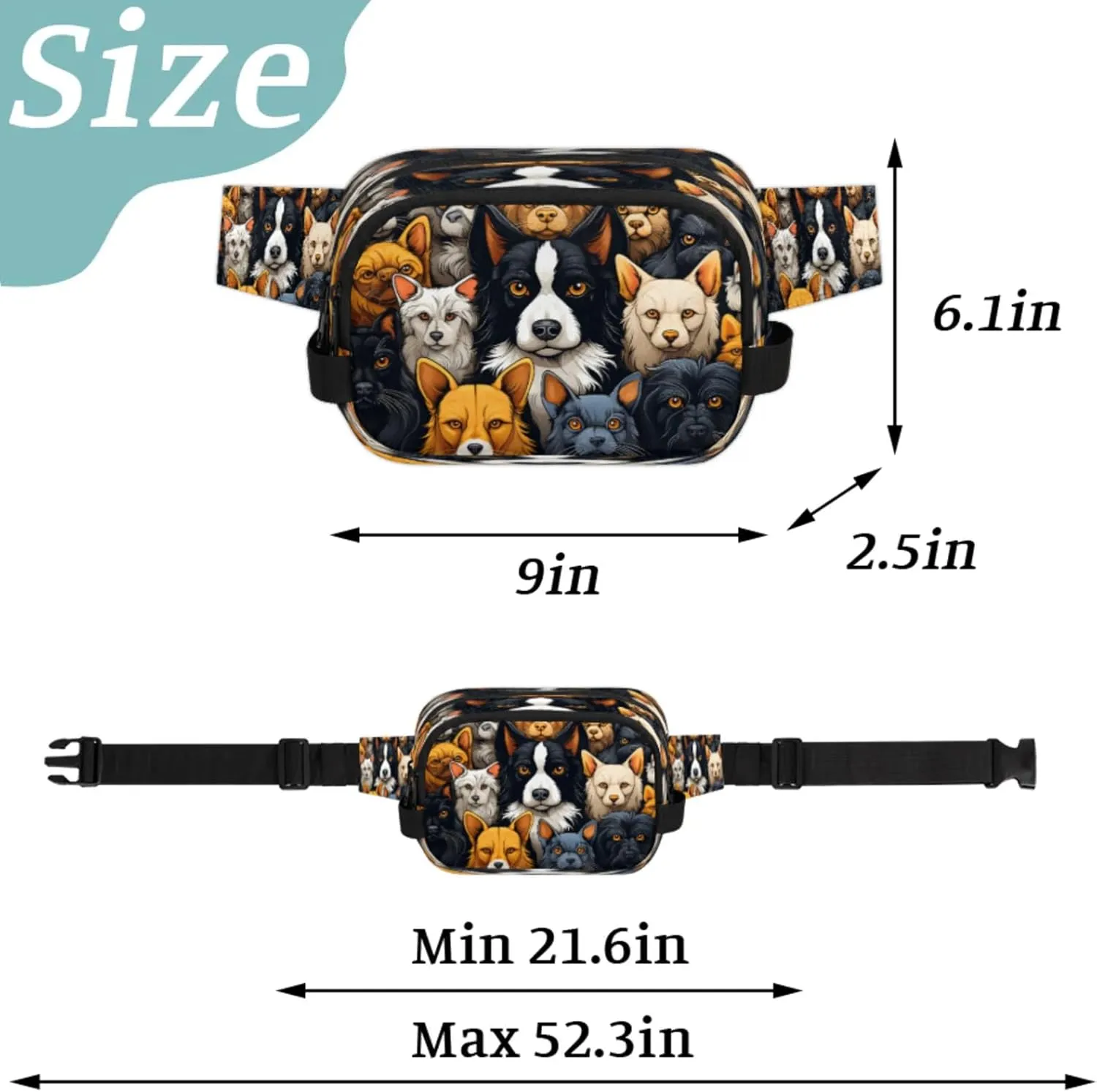 Canine Collage Waterproof Unisex Square Fanny Pack, Adjustable Waist Bag with Pockets, Sturdy Lightweight Crossbody Bag for Travel, Running, Hiking (9x6.1x2.5 Inches)