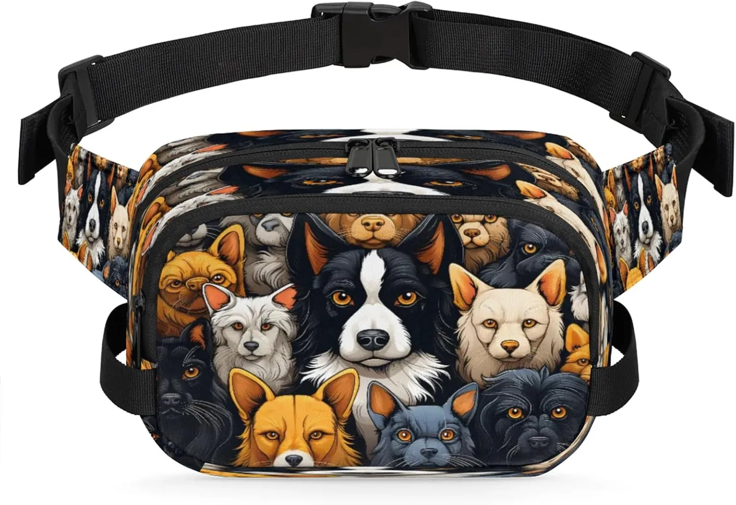 Canine Collage Waterproof Unisex Square Fanny Pack, Adjustable Waist Bag with Pockets, Sturdy Lightweight Crossbody Bag for Travel, Running, Hiking (9x6.1x2.5 Inches)