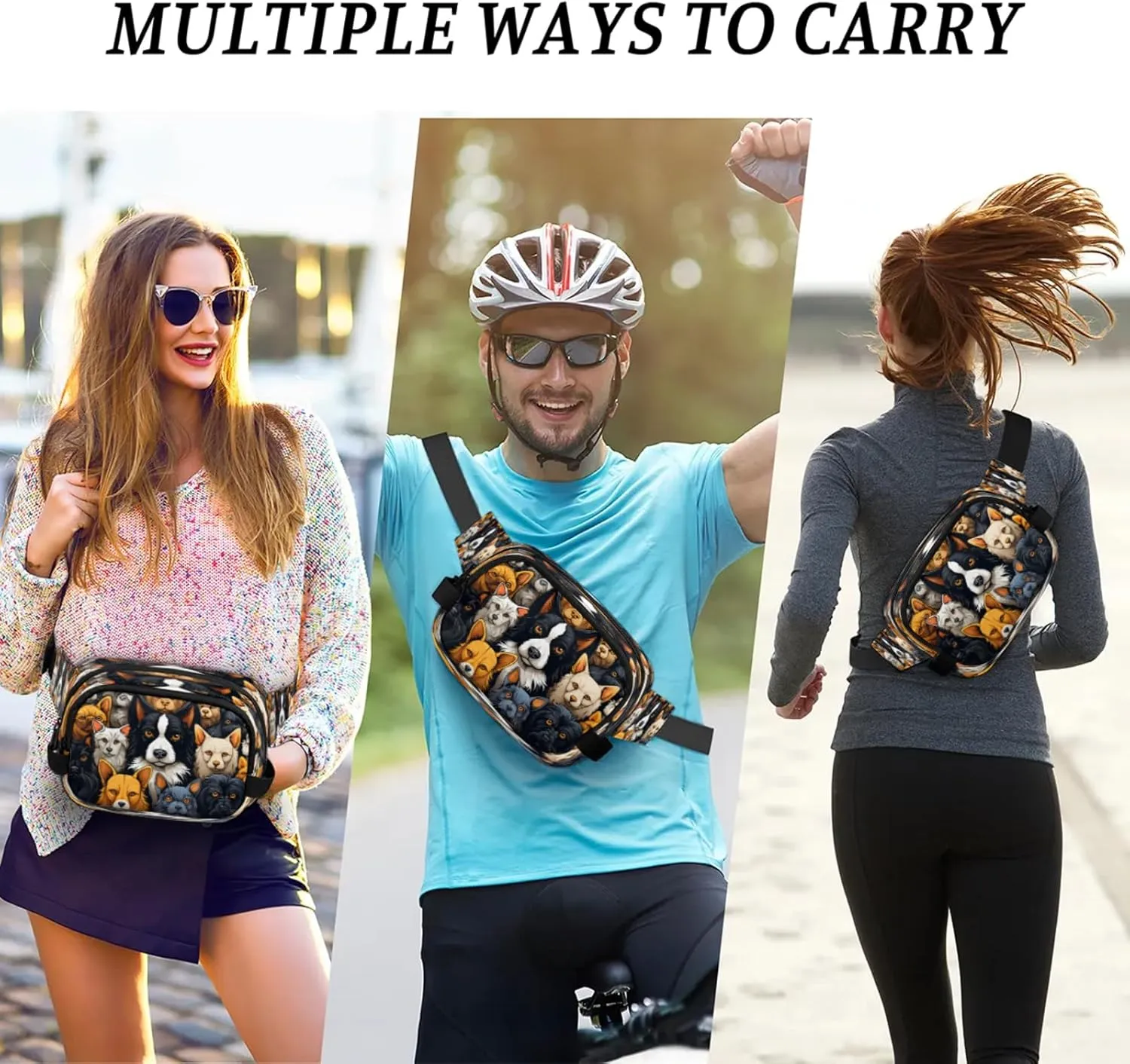 Canine Collage Waterproof Unisex Square Fanny Pack, Adjustable Waist Bag with Pockets, Sturdy Lightweight Crossbody Bag for Travel, Running, Hiking (9x6.1x2.5 Inches)