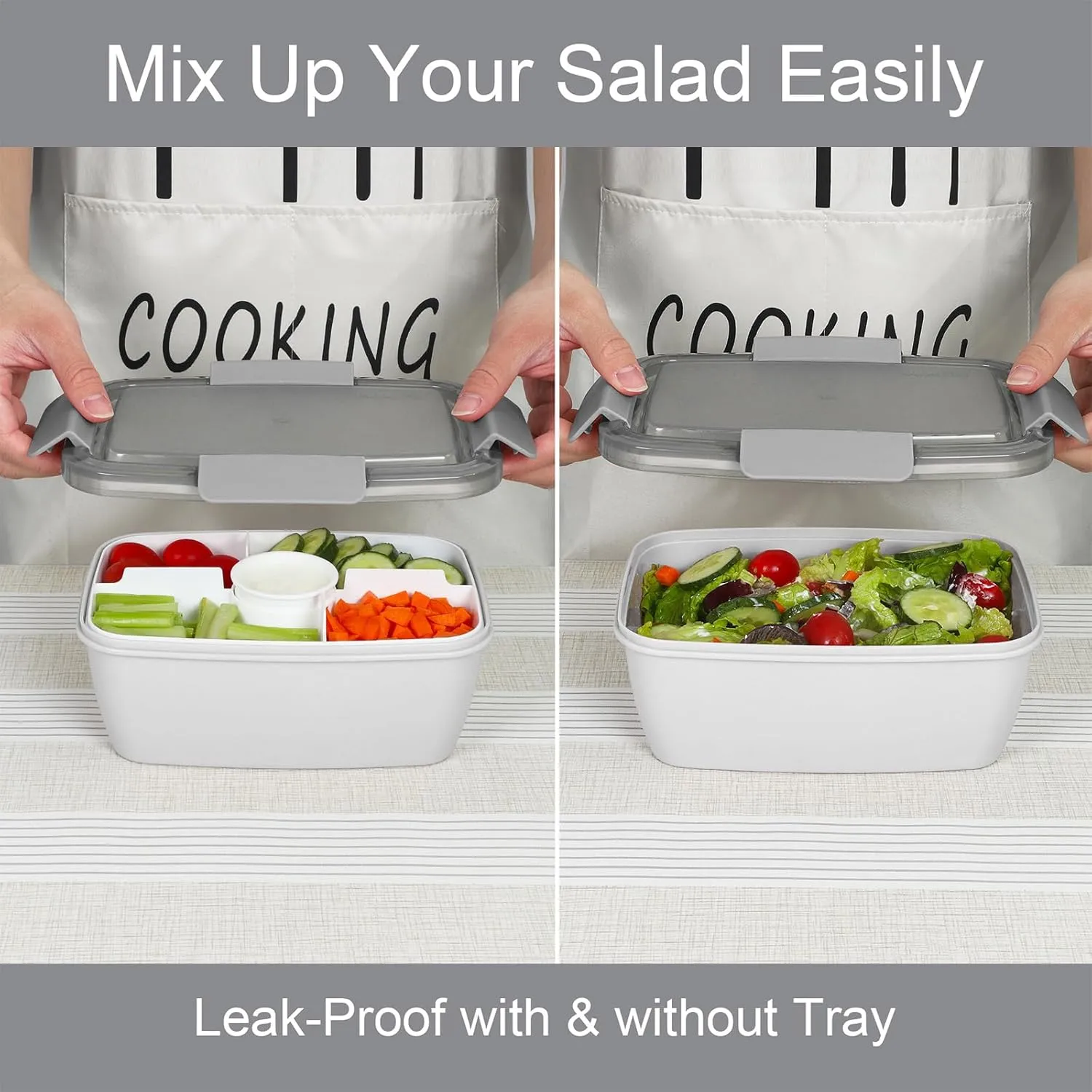 Caperci 2 Pack Large Salad Container for Lunch - 68 oz Salad Bowls To Go, Leakproof Bento Box Adult with 5 Compartments Tray, 4pcs 3-oz Sauce Cups, Reusable Spork & BPA-Free (Gray)