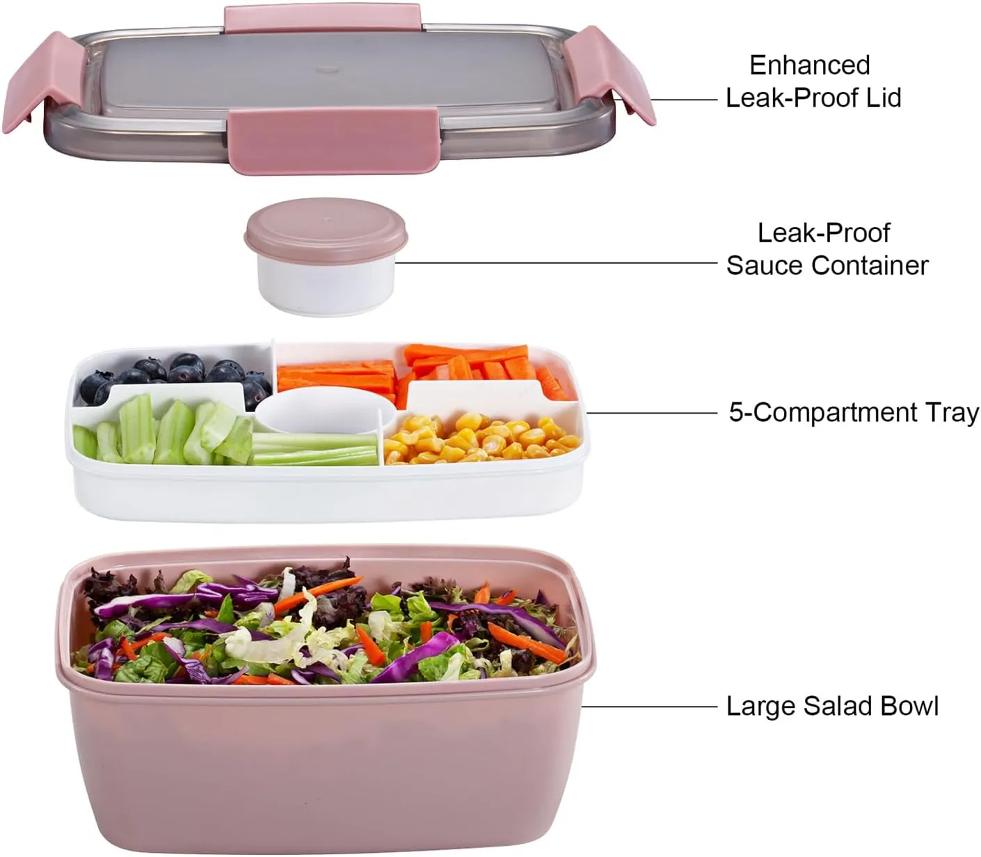 Caperci 2 Pack Large Salad Container for Lunch - 68 oz Salad Bowls To Go, Leakproof Bento Box Adult with 5 Compartments Tray, 4pcs 3-oz Sauce Cups, Reusable Spork & BPA-Free (Pink)
