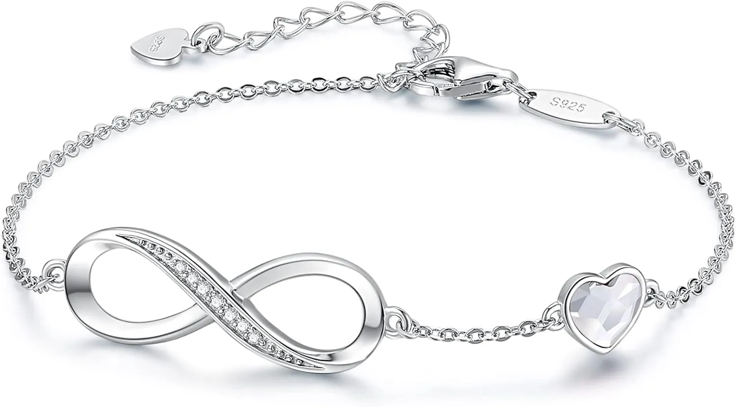 CDE Infinity Heart Birthstone Charm Link Bracelet for Women 925 Sterling Silver Adjustable Mother's Day Gift Anniversary Birthday Jewelry for Wife Girlfriend Her