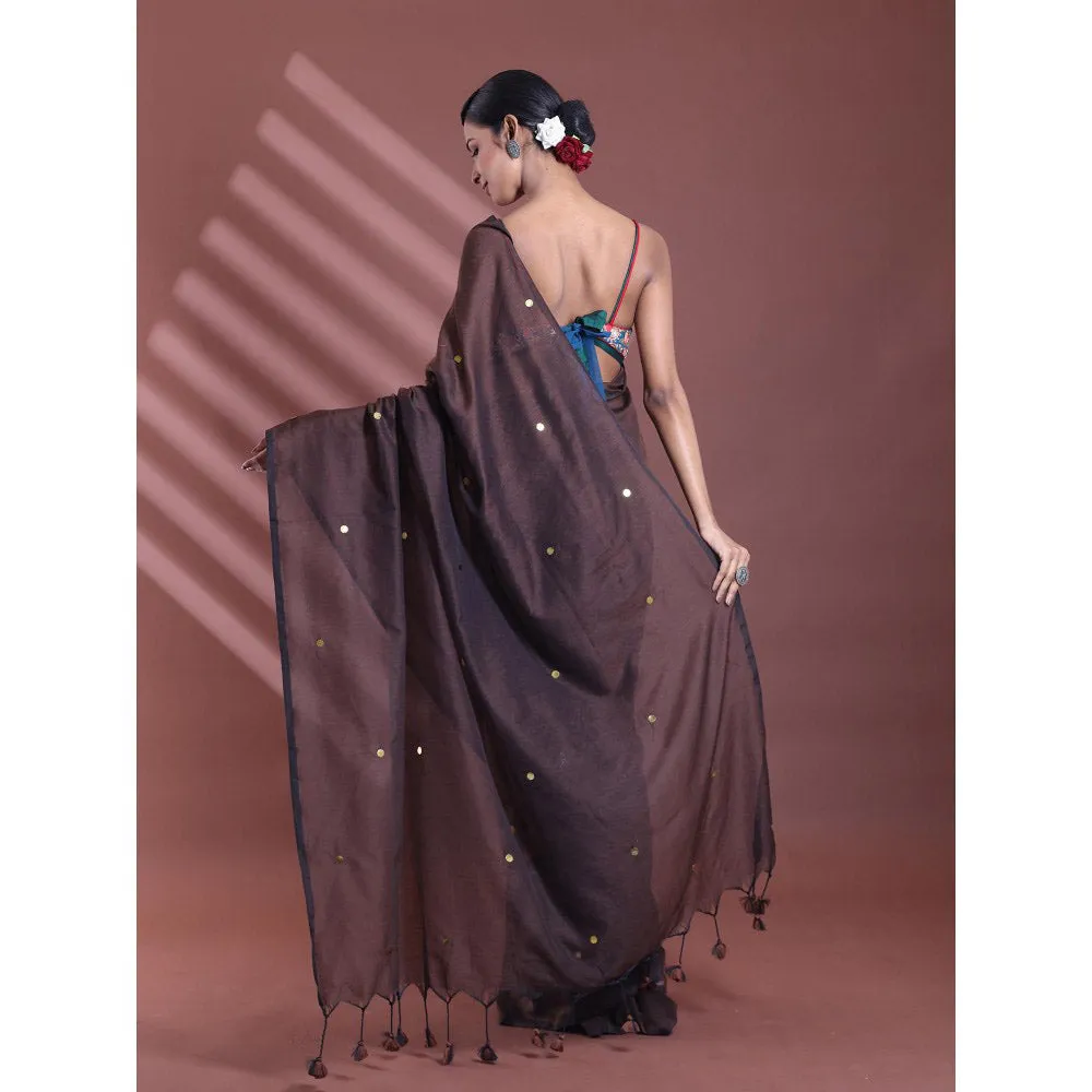 CHARUKRITI Brown Pure Cotton Soft Sequined Saree with Unstitched Blouse