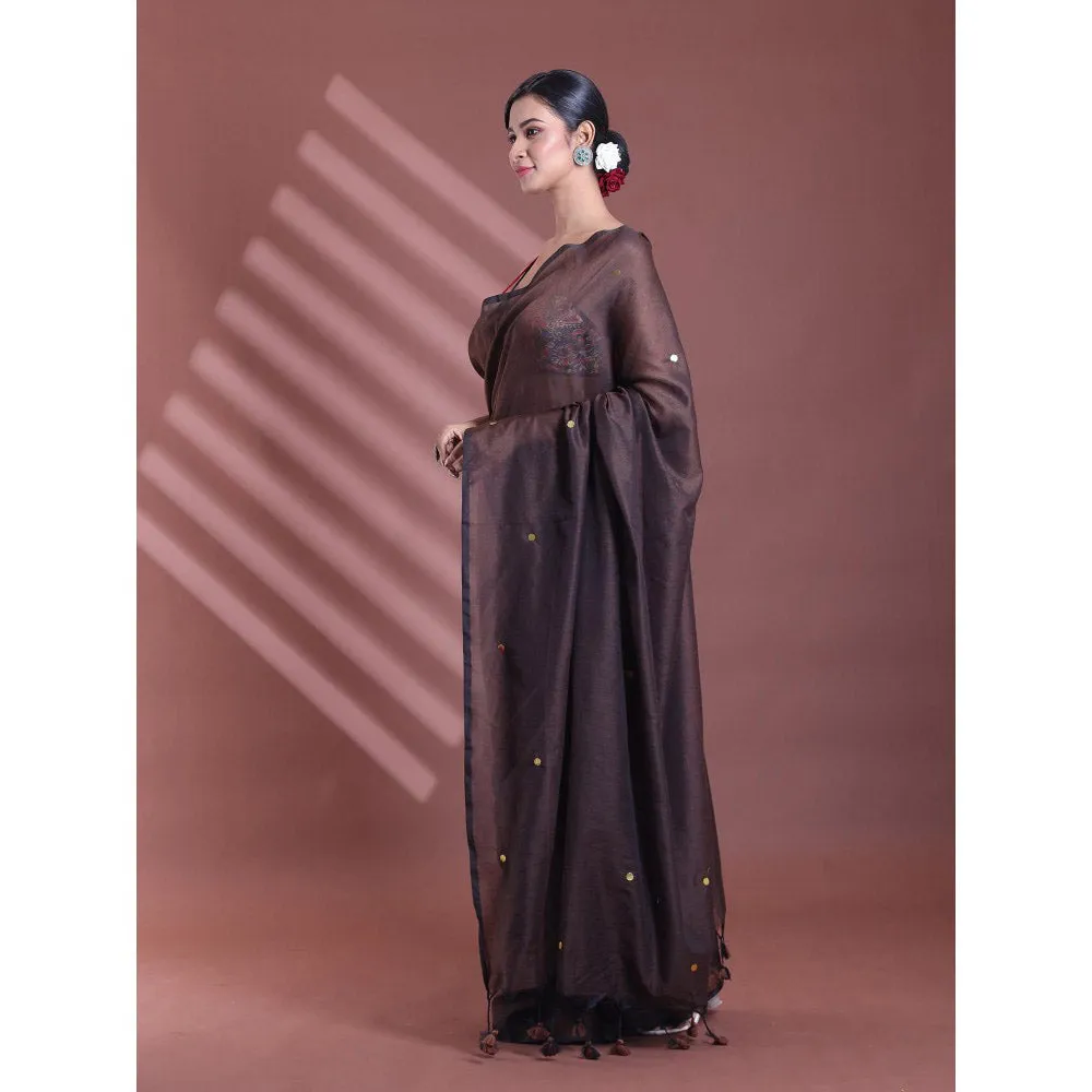 CHARUKRITI Brown Pure Cotton Soft Sequined Saree with Unstitched Blouse