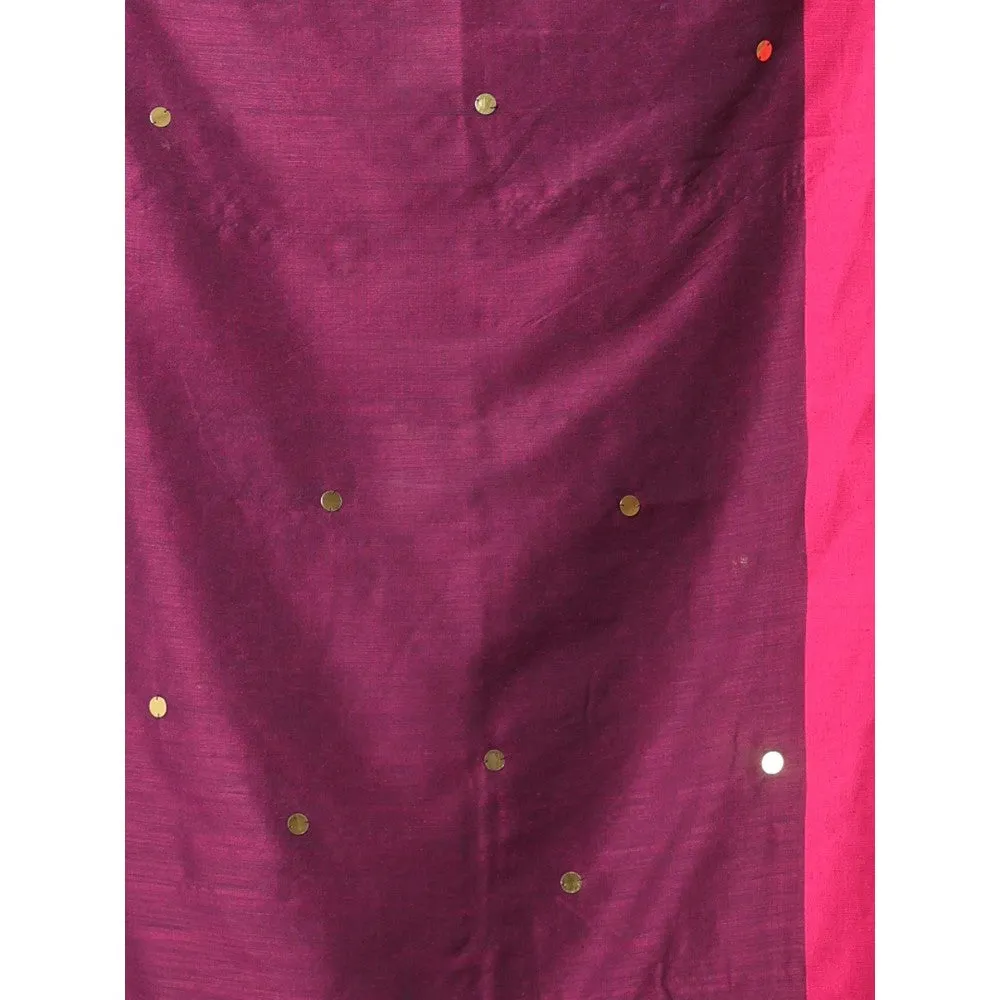 CHARUKRITI Purple Cotton Sequence Work Soft Saree Contrast Border with Unstitched Blouse
