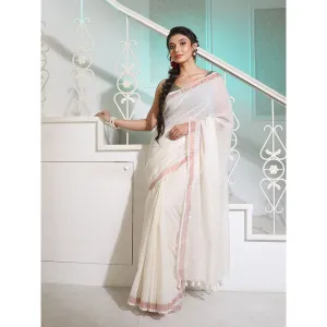 CHARUKRITI White Cotton Handspun Saree with Stripe Designs and Sequin Work with Unstitched Blouse