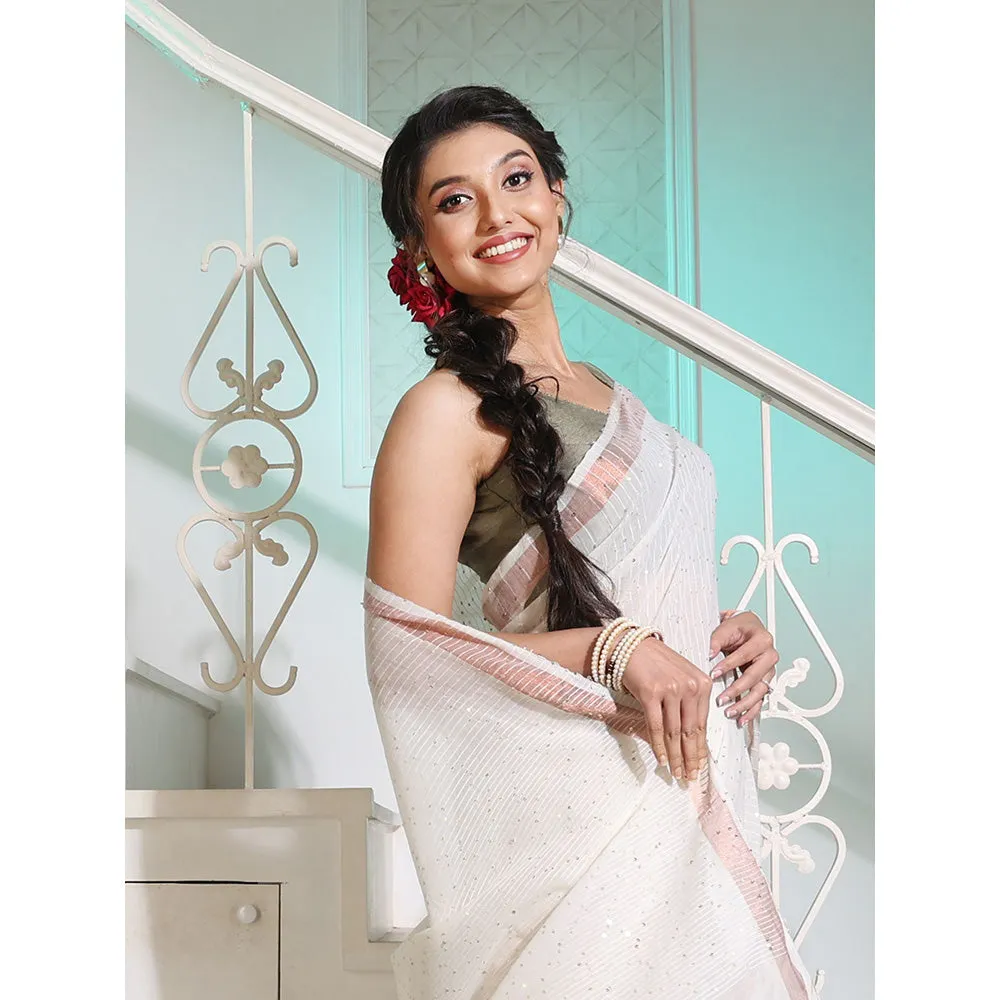 CHARUKRITI White Cotton Handspun Saree with Stripe Designs and Sequin Work with Unstitched Blouse