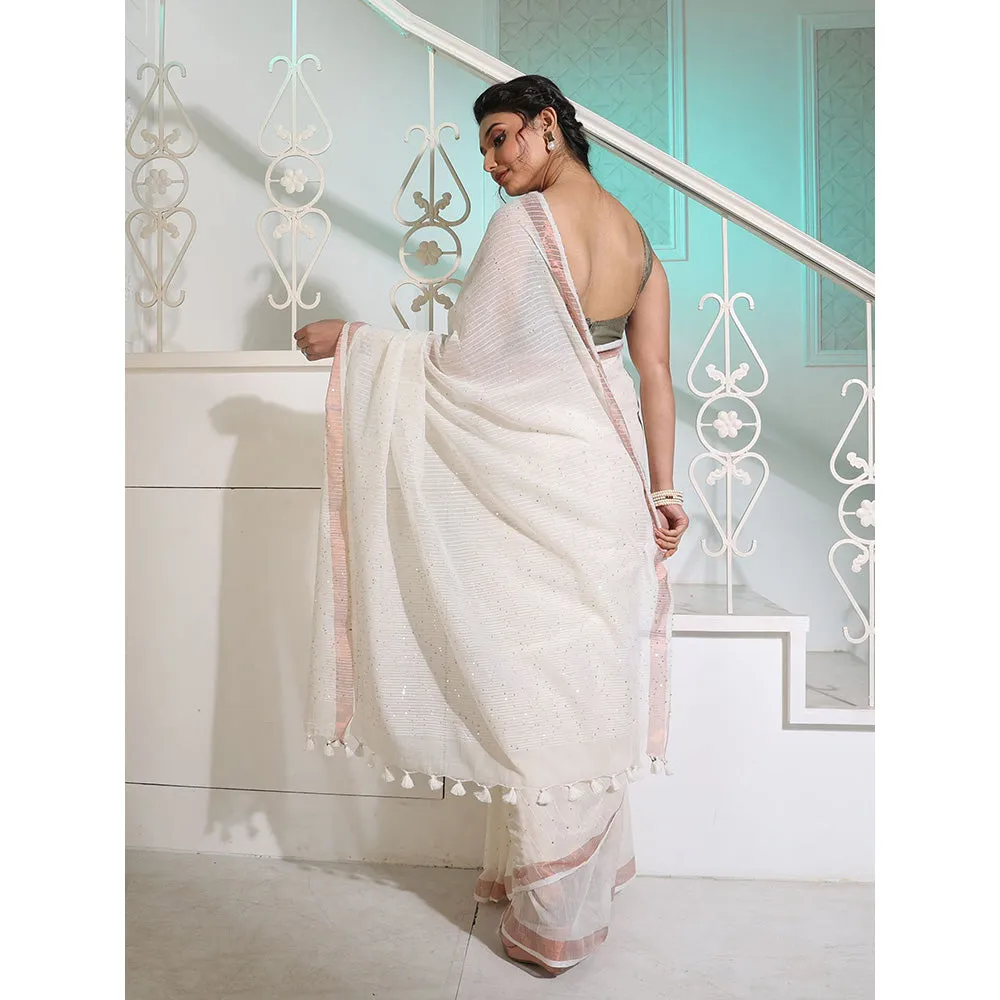 CHARUKRITI White Cotton Handspun Saree with Stripe Designs and Sequin Work with Unstitched Blouse