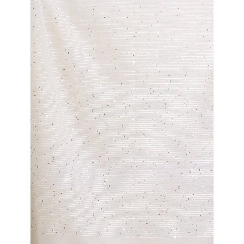 CHARUKRITI White Cotton Handspun Saree with Stripe Designs and Sequin Work with Unstitched Blouse