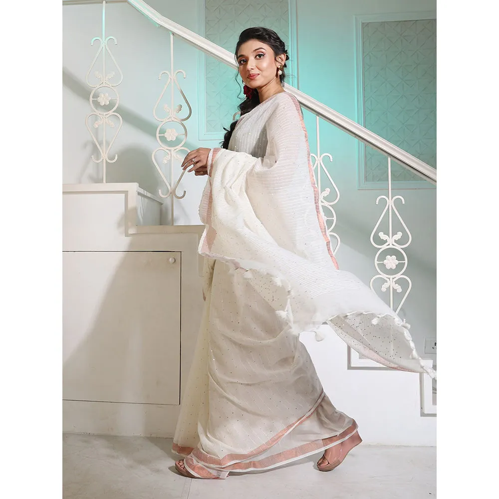 CHARUKRITI White Cotton Handspun Saree with Stripe Designs and Sequin Work with Unstitched Blouse
