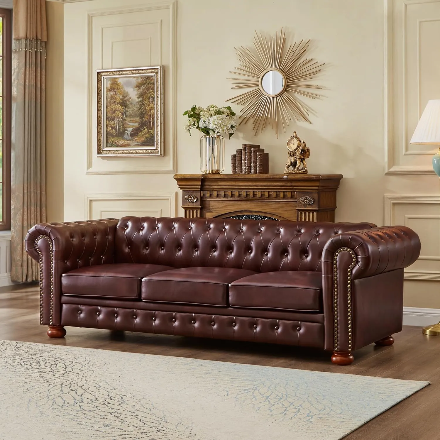 Chesterfield Leather Sofa, 89" Mid Century Modern Couch with Low Back, Roll Arm Nailhead Trim Classic 3 Seater Couch for Living Room, Office, Apartment, PU Burgundy