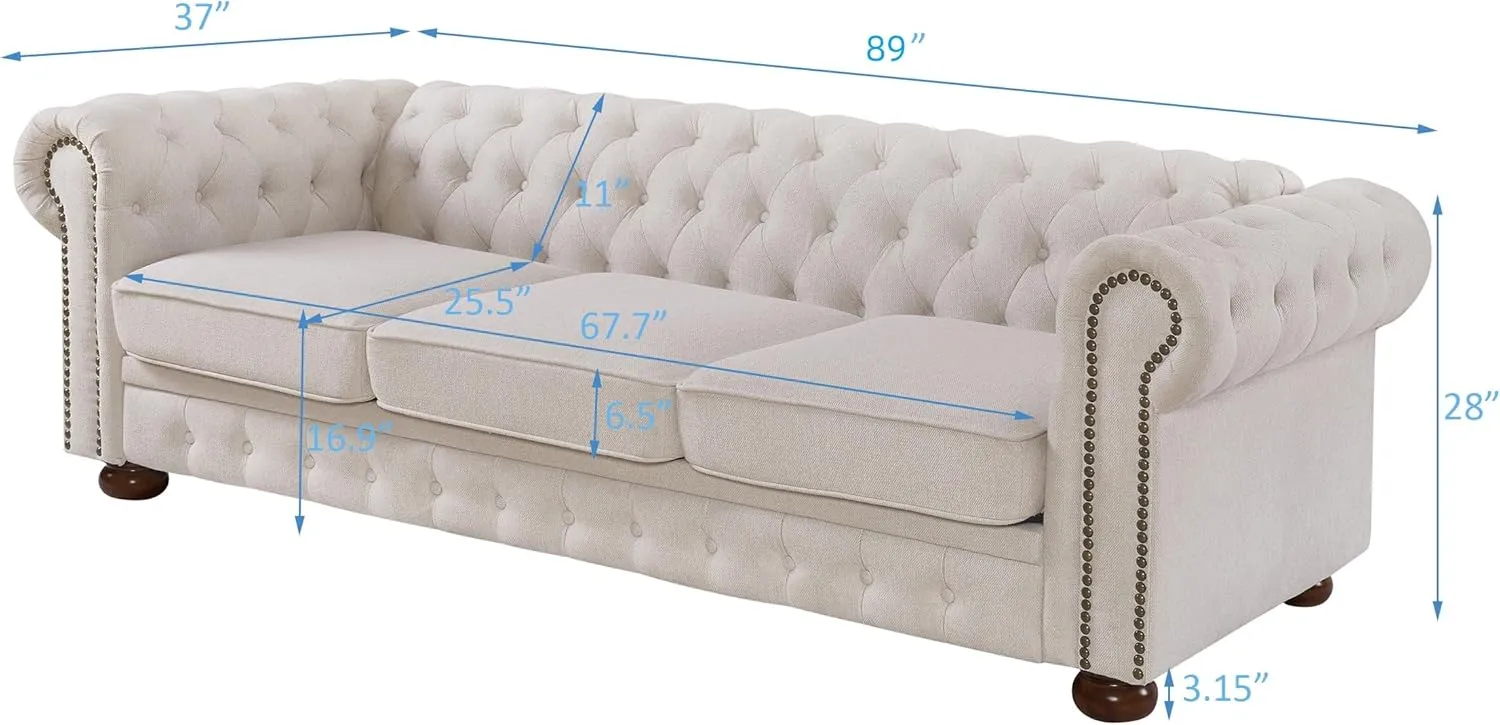 Chesterfield Sofa, 89" Mid Century Modern Couch with Low Back, Roll Arm Nailhead Trim Classic 3 Seater Couch for Living Room, Office, Apartment, Linen Beige
