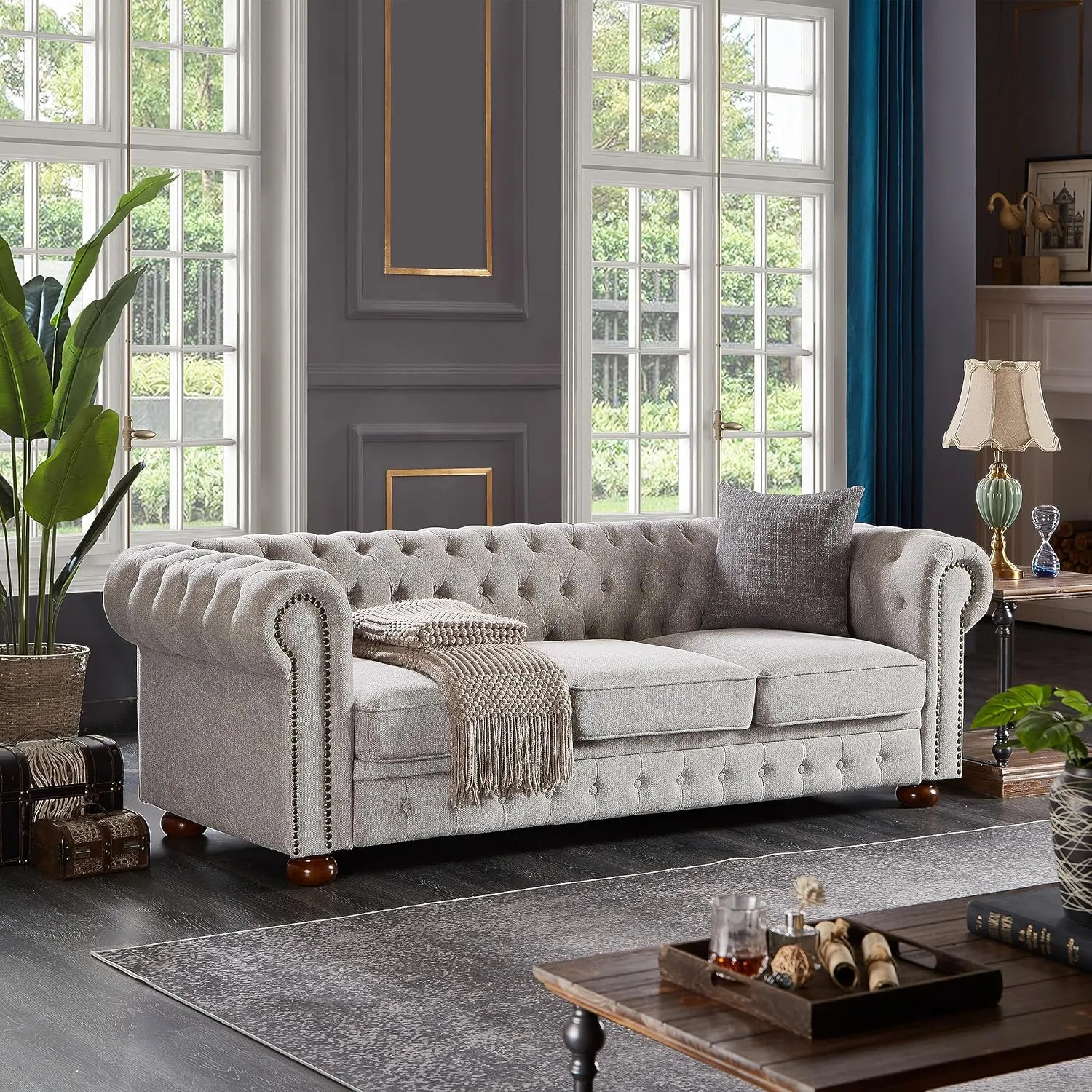 Chesterfield Sofa, 89" Mid Century Modern Couch with Low Back, Roll Arm Nailhead Trim Classic 3 Seater Couch for Living Room, Office, Apartment, Linen Light Grey