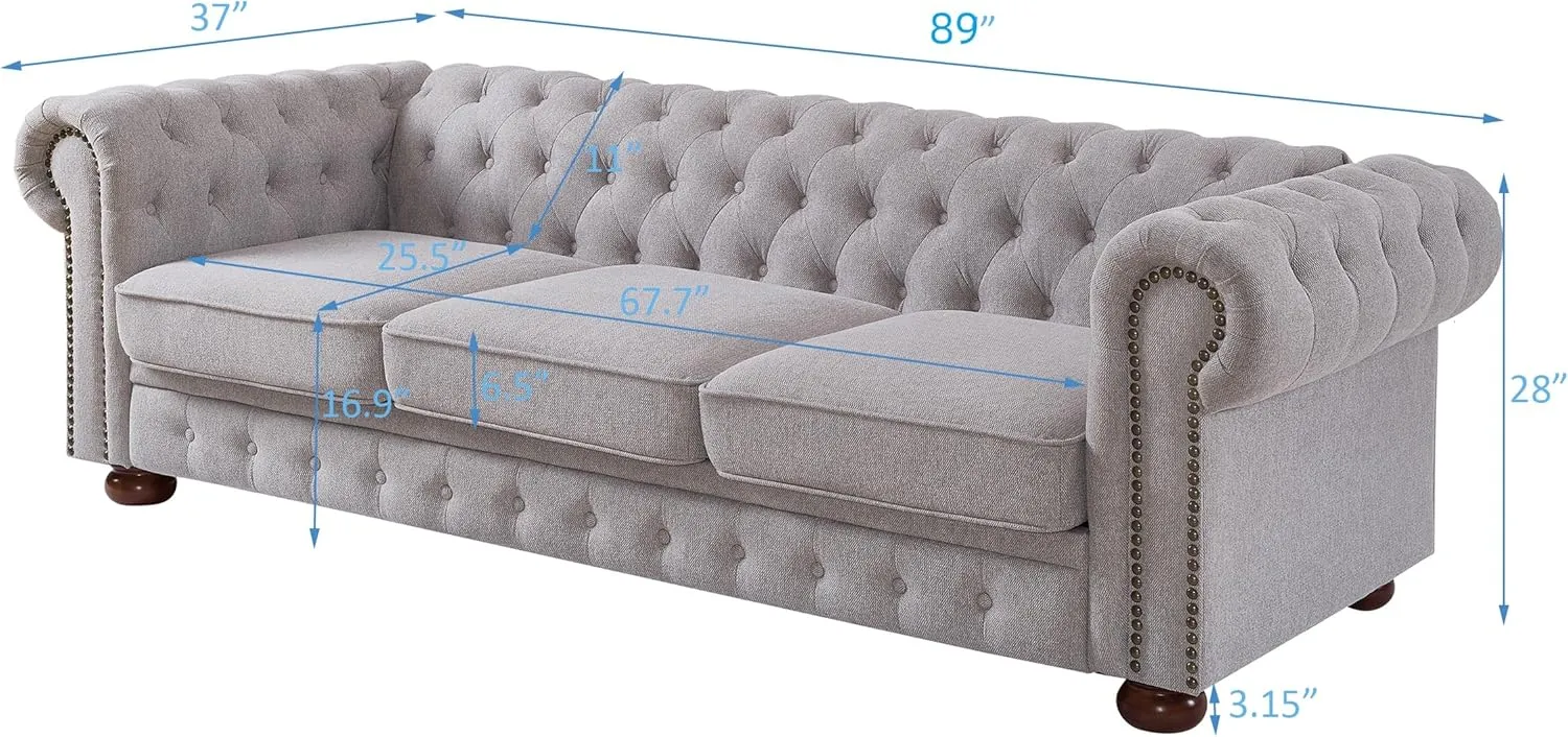 Chesterfield Sofa, 89" Mid Century Modern Couch with Low Back, Roll Arm Nailhead Trim Classic 3 Seater Couch for Living Room, Office, Apartment, Linen Light Grey