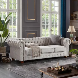 Chesterfield Sofa, 89" Mid Century Modern Couch with Low Back, Roll Arm Nailhead Trim Classic 3 Seater Couch for Living Room, Office, Apartment, Linen Light Grey