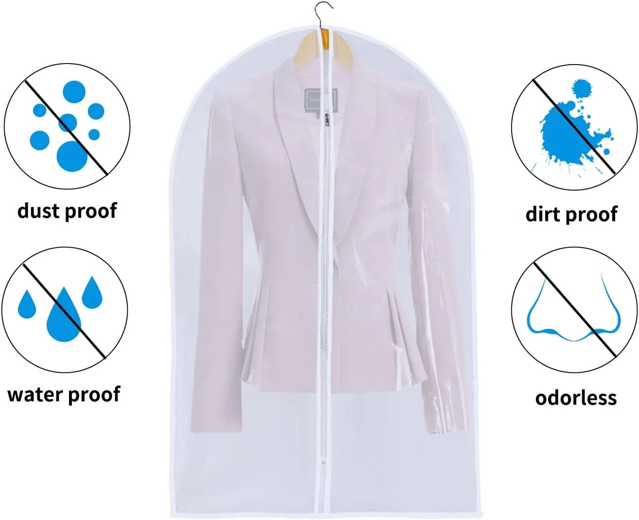 Clear Garment Bags Hanging Clothes Bags (Set of 6) for Closet Storage Plastic Bag with Zipper for Extra Longer Dress Wardrobe Closet Garment Dust Cover Bags - 24'' x 60''/6 Pack