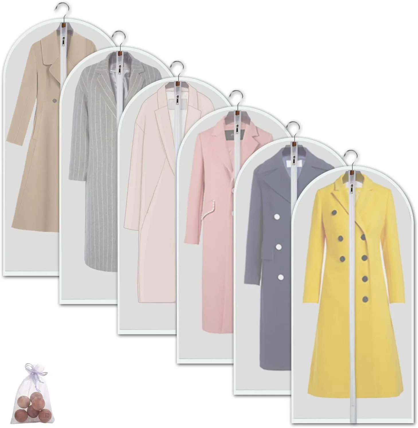 Clear Garment Bags Hanging Clothes Bags (Set of 6) for Closet Storage Plastic Bag with Zipper for Extra Longer Dress Wardrobe Closet Garment Dust Cover Bags - 24'' x 60''/6 Pack