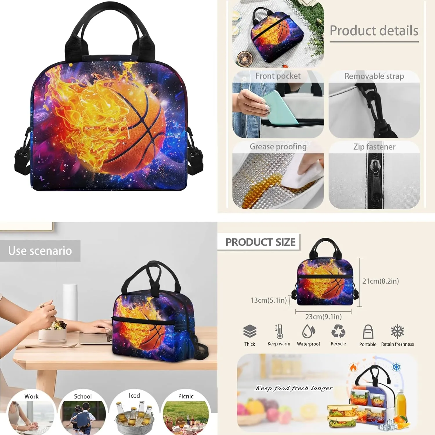 CLOHOMIN Fire Basketball Backpack and Lunch Box Set Starry Sky Bookabg for Boys 12-14 High School Bags Set of 3 Kids Lunch Bag Pencil Box Middle School Book Bags 6th Grade Girls Lunch Handbag