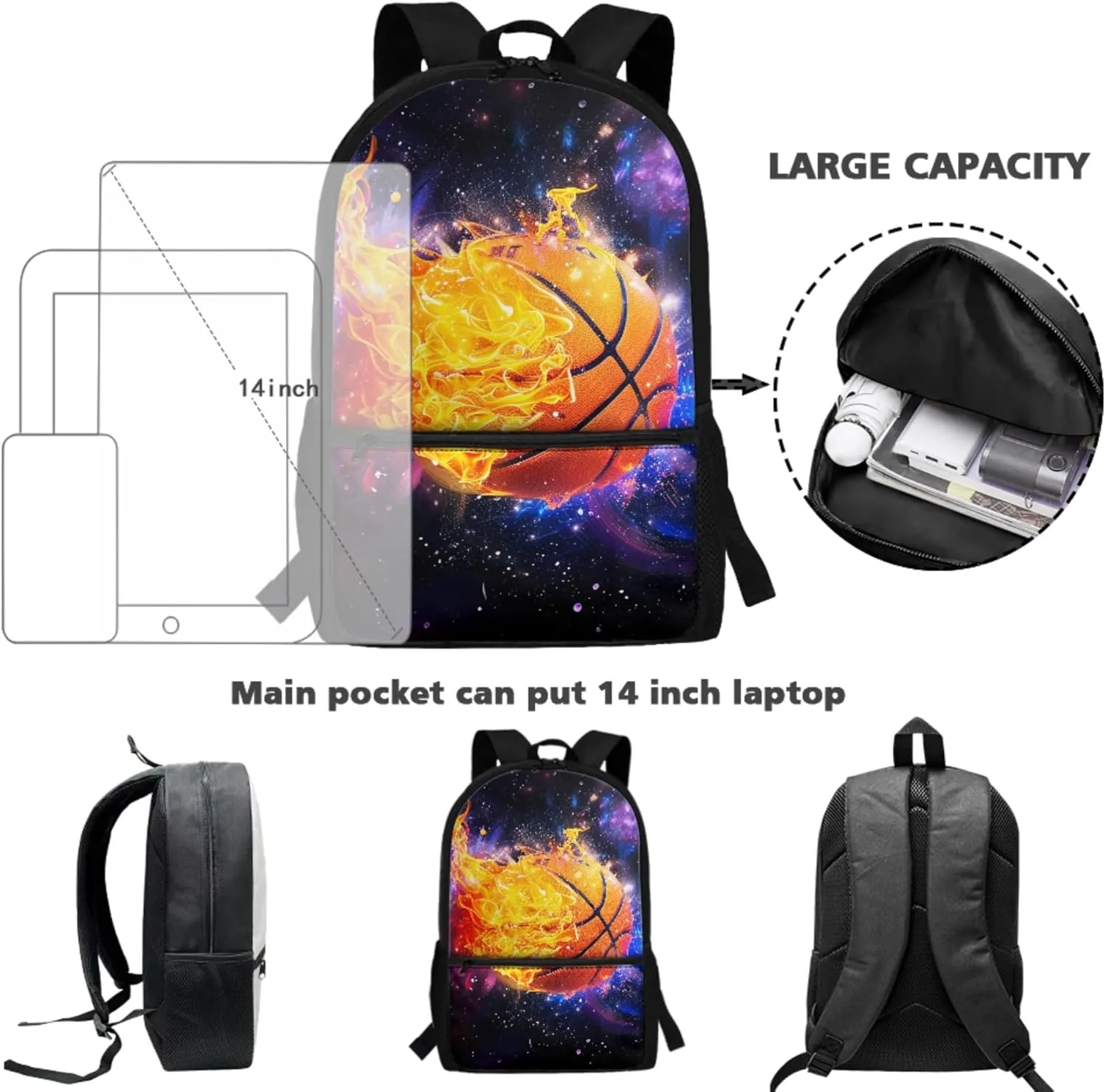 CLOHOMIN Fire Basketball Backpack and Lunch Box Set Starry Sky Bookabg for Boys 12-14 High School Bags Set of 3 Kids Lunch Bag Pencil Box Middle School Book Bags 6th Grade Girls Lunch Handbag