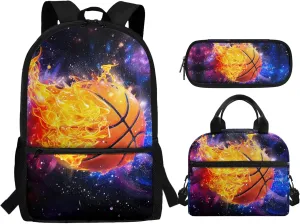 CLOHOMIN Fire Basketball Backpack and Lunch Box Set Starry Sky Bookabg for Boys 12-14 High School Bags Set of 3 Kids Lunch Bag Pencil Box Middle School Book Bags 6th Grade Girls Lunch Handbag