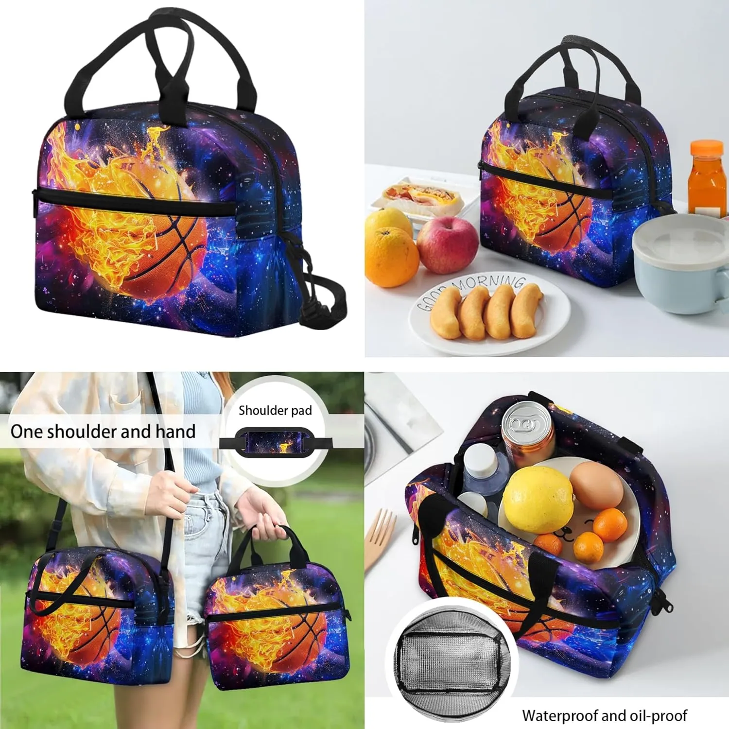CLOHOMIN Fire Basketball Backpack and Lunch Box Set Starry Sky Bookabg for Boys 12-14 High School Bags Set of 3 Kids Lunch Bag Pencil Box Middle School Book Bags 6th Grade Girls Lunch Handbag
