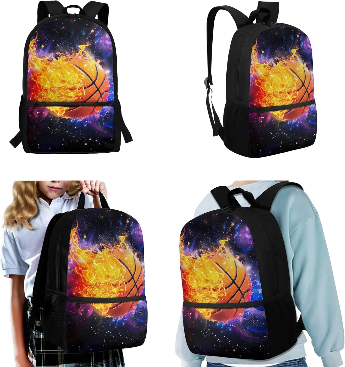 CLOHOMIN Fire Basketball Backpack and Lunch Box Set Starry Sky Bookabg for Boys 12-14 High School Bags Set of 3 Kids Lunch Bag Pencil Box Middle School Book Bags 6th Grade Girls Lunch Handbag