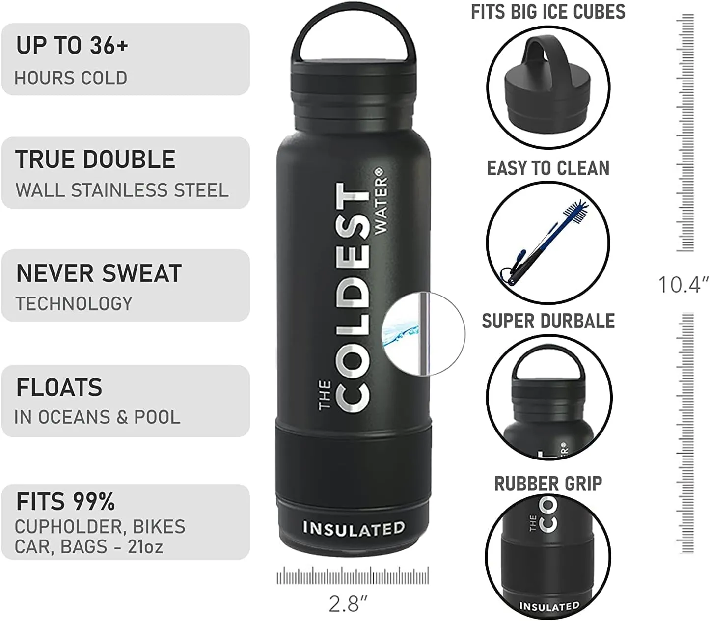 Coldest Insulated Water Bottle with Handle Lid | Leak Proof, Insulated Stainless Steel, Triple Walled, Sport Thermos Bottles, Metal Flask (‎Matte Black, 21 oz)