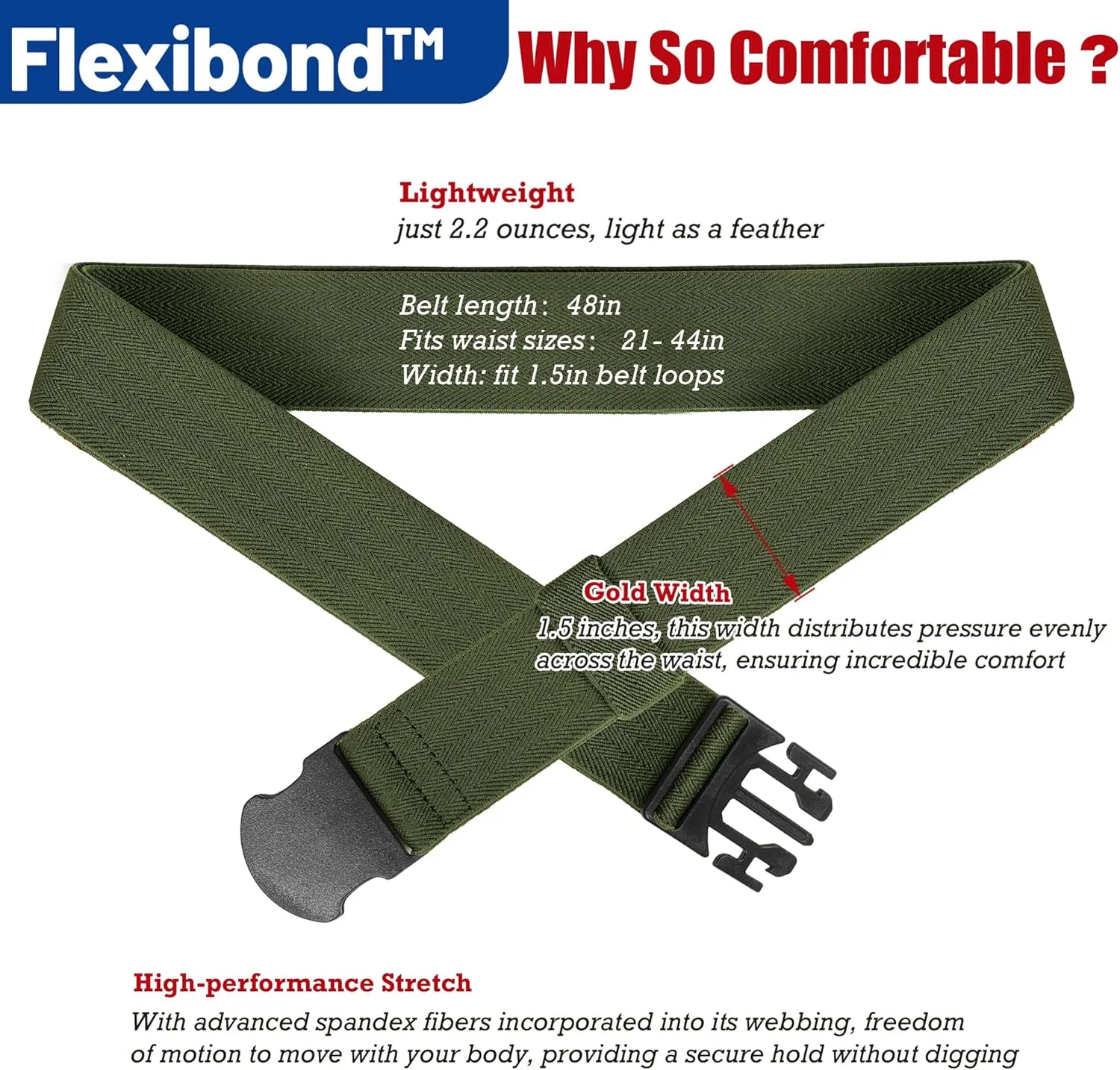 COMFORTABLE Mens Stretch Hiking Belt Minimalist Web Elastic Belts for Men, Metal-free Travel Buckle,≤44" Waist