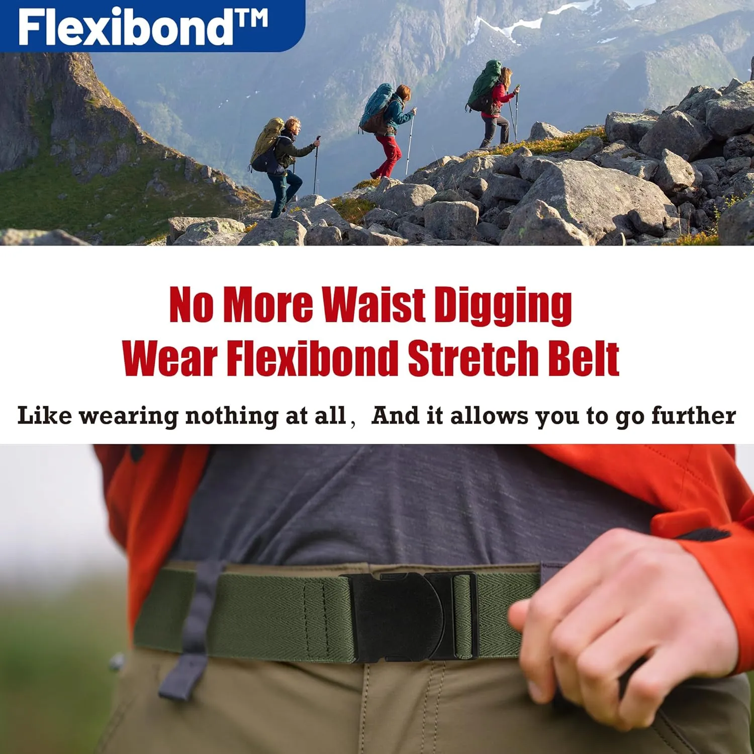 COMFORTABLE Mens Stretch Hiking Belt Minimalist Web Elastic Belts for Men, Metal-free Travel Buckle,≤44" Waist