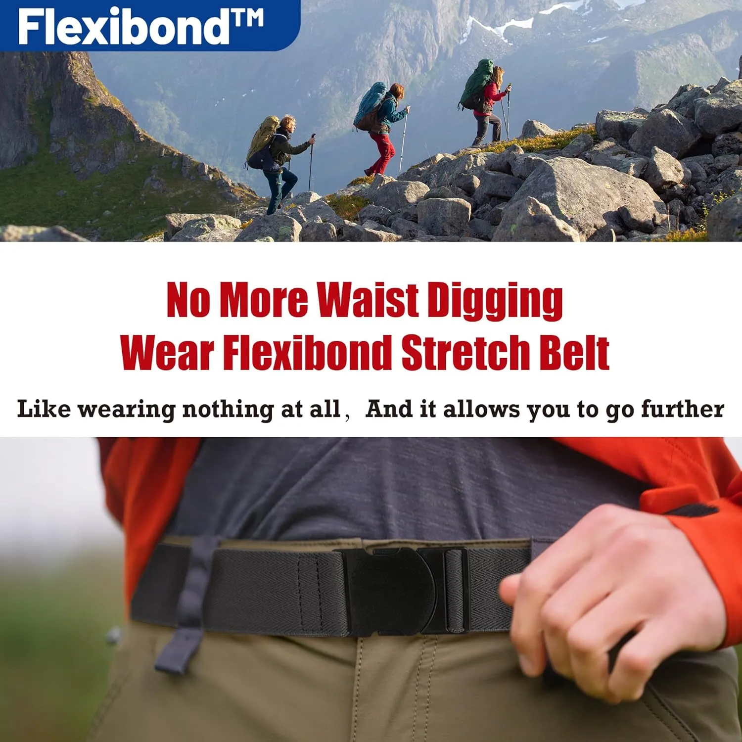 COMFORTABLE Mens Stretch Hiking Belt Minimalist Web Elastic Belts for Men, Metal-free Travel Buckle,≤44" Waist