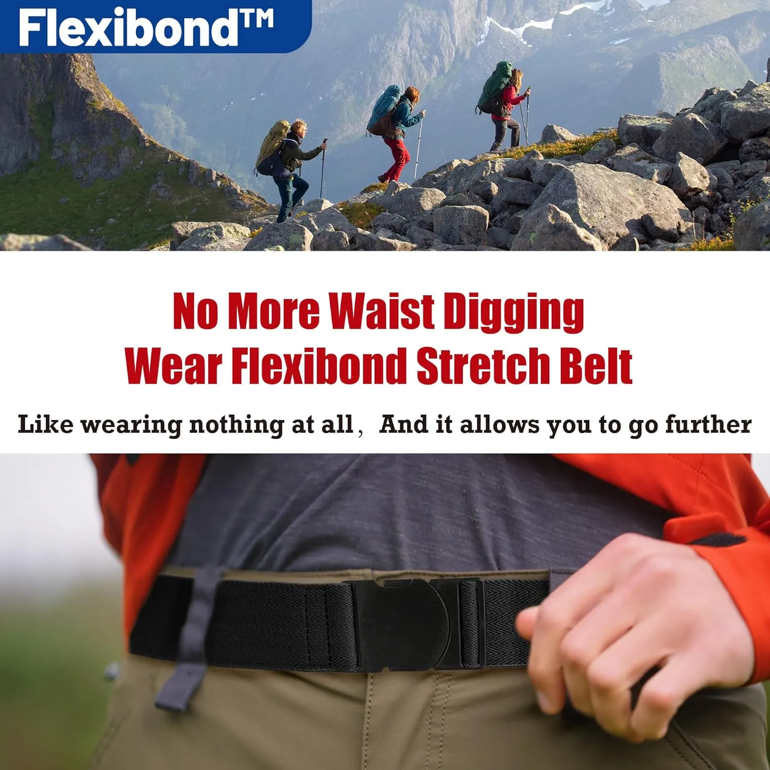 COMFORTABLE Mens Stretch Hiking Belt Minimalist Web Elastic Belts for Men, Metal-free Travel Buckle,≤44" Waist