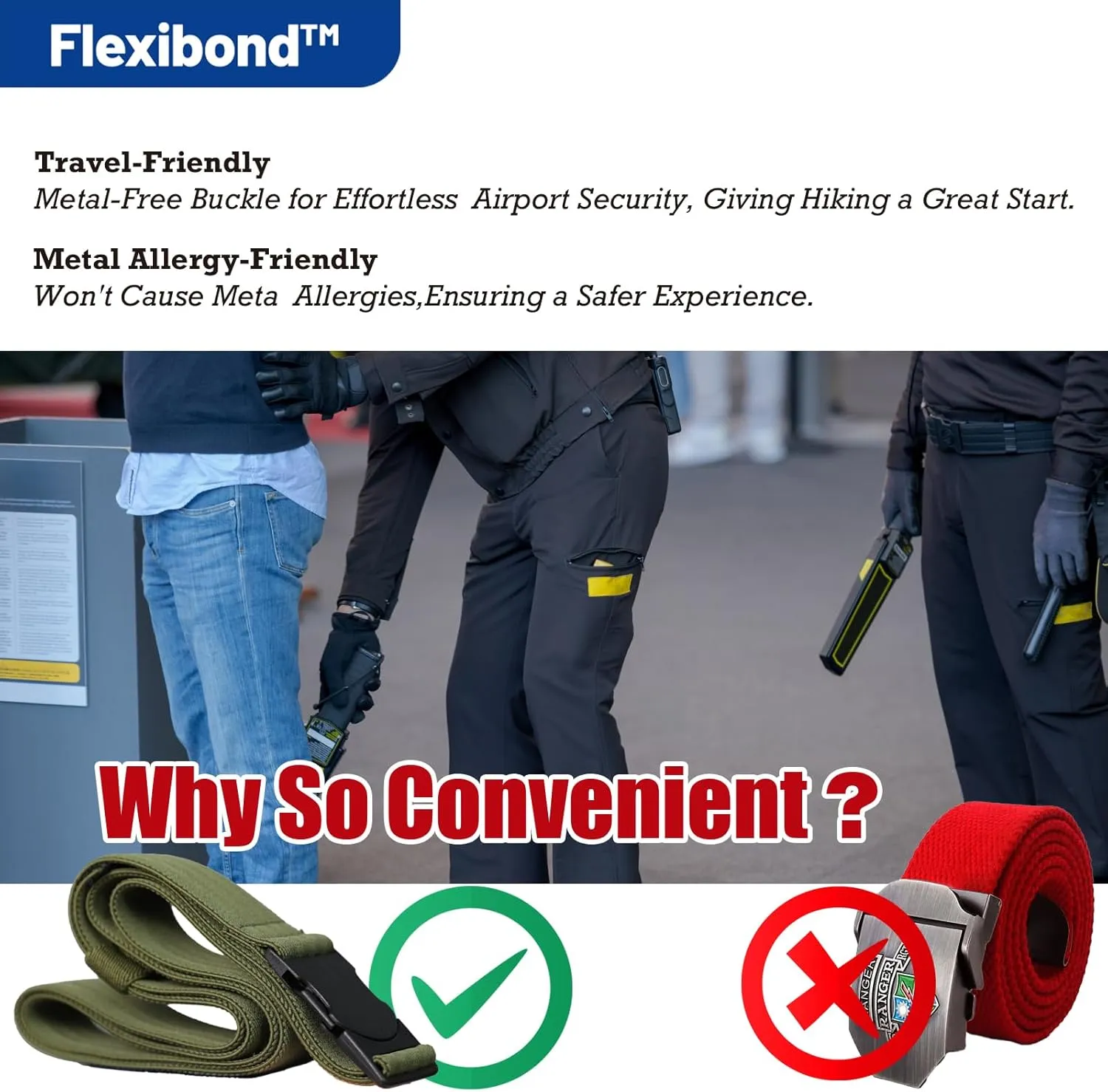 COMFORTABLE Mens Stretch Hiking Belt Minimalist Web Elastic Belts for Men, Metal-free Travel Buckle,≤44" Waist