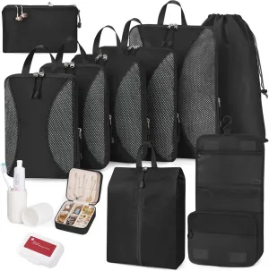 Compression Packing Cubes 12 Set, Suitcase Organizers, Luggage Organizer Bags for Travel, Extendable Packing Cubes for Travel Compression, Travel Essentials, Black