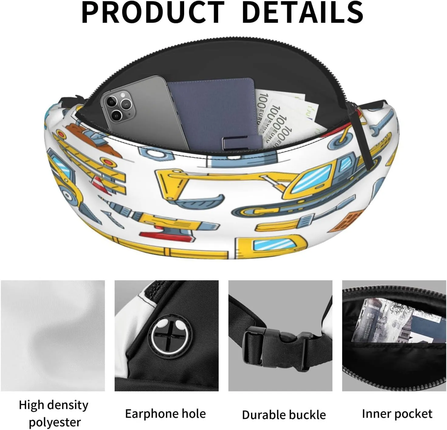 Construction Tools Machinery Fanny Pack, Crossbody Waist Packs for Women Men Waist Bags with Adjustable Strap for Travel Running Hiking Sport
