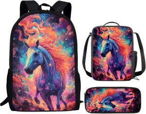 Cool Horse Kids Backpack School Bag With Lunch Bag and Pencil Bag for Teen Boys Middle Junior High School Bookbag Rucksack Lightweight Shoulder Handbag Daypack Satchel