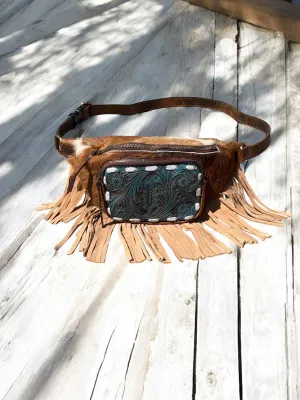 Cowhide & Tooled Leather Fringe Fanny Pack