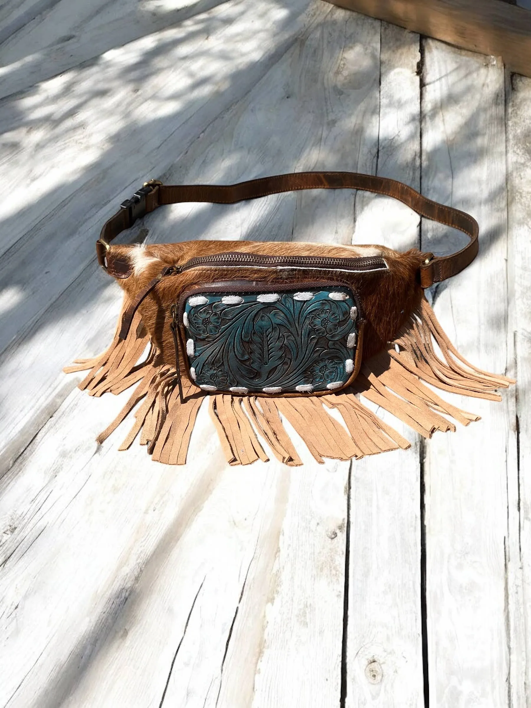 Cowhide & Tooled Leather Fringe Fanny Pack