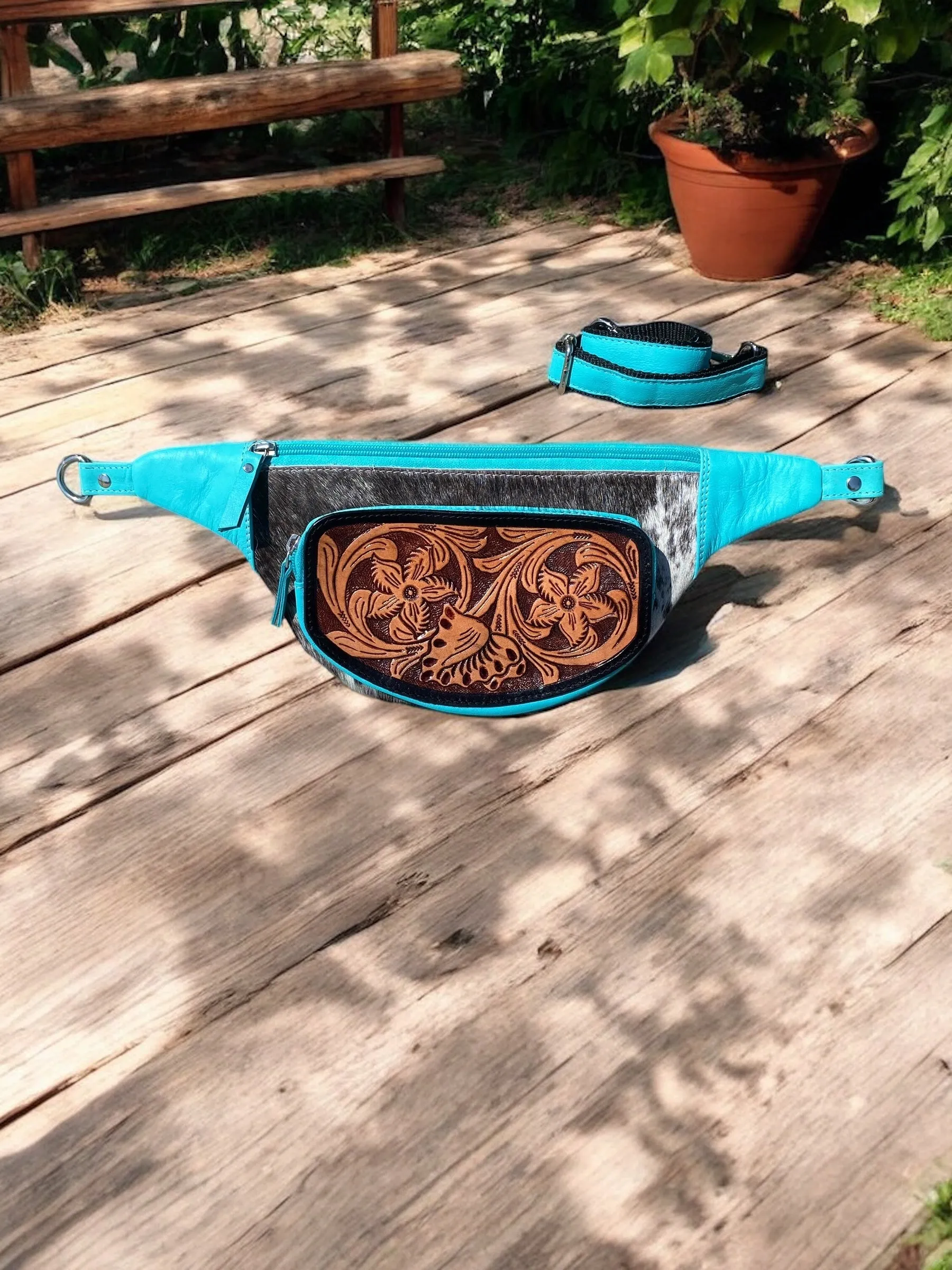 Cowhide Turquoise Tooled Leather Fanny Pack