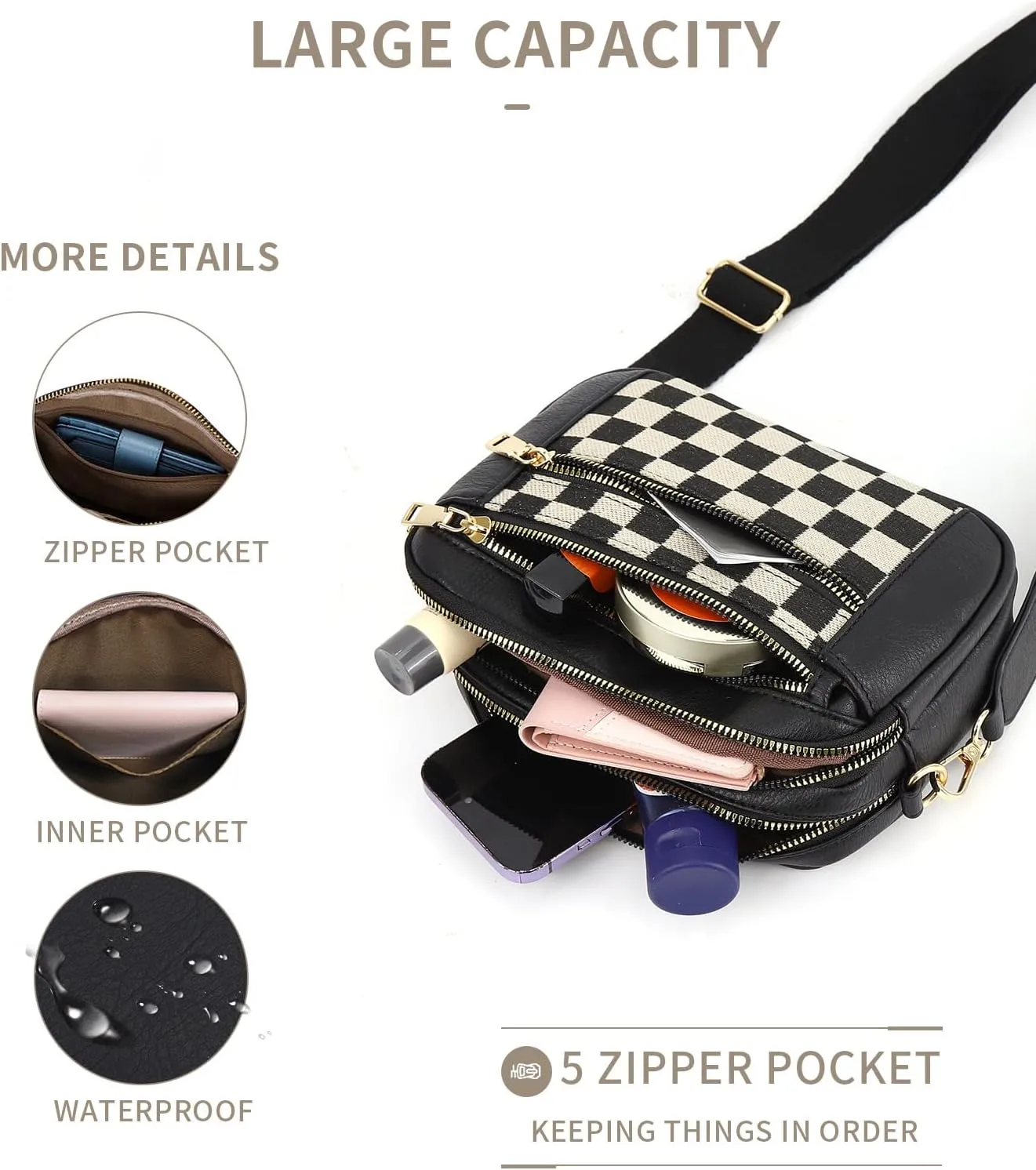 Crossbody Bags for Women,Checkered Shoulder Bag Black and White Plaid Bum Bag,Top-Handle Sling Bag Leather Fanny Packs